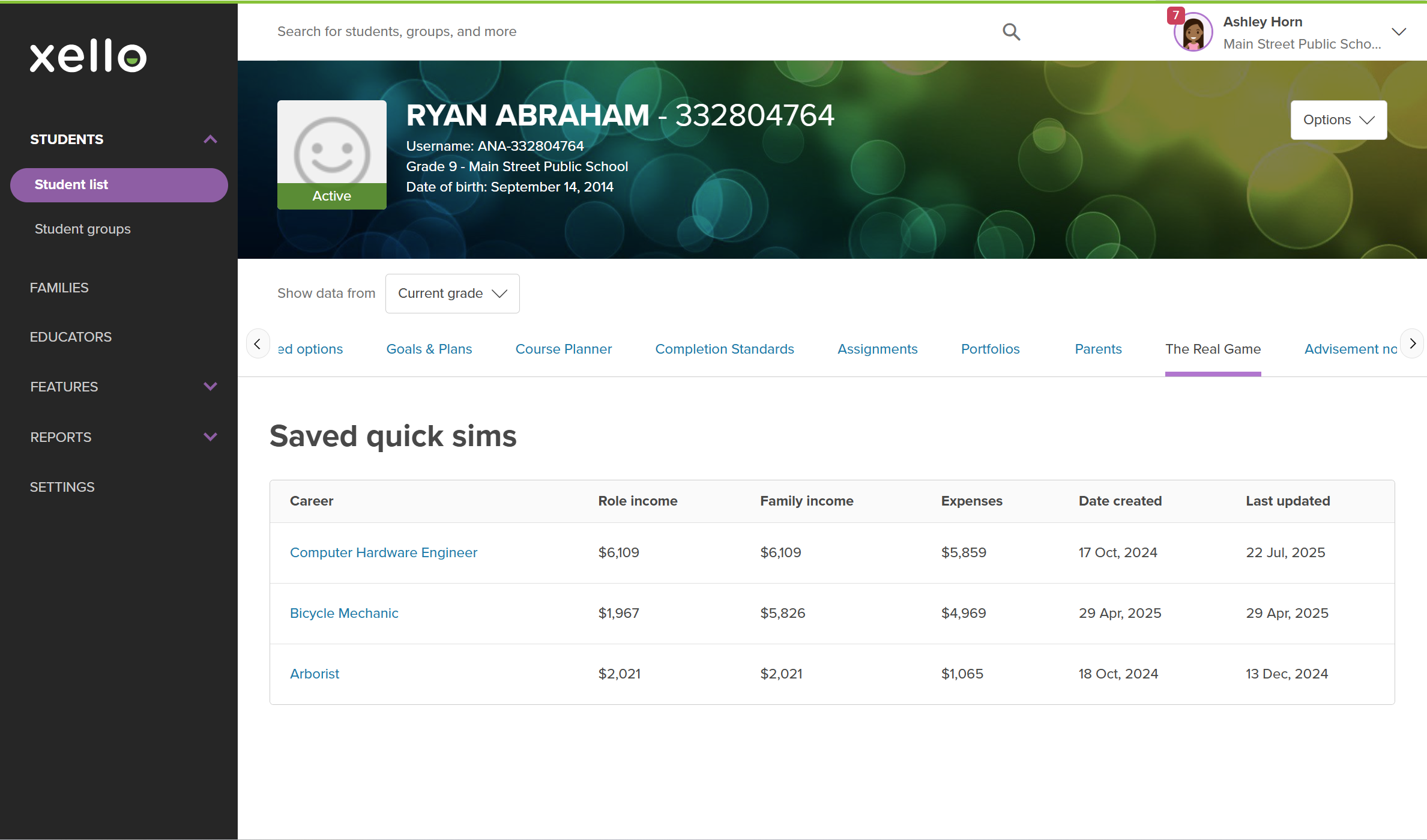 Click to enlarge Educator account in Xello. Student profile is open to The Real Game tab. There are Quick sims saved